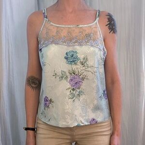 Blue and Purple Satin, Lace and Floral Embroidery Camisole Vintage 90s Whimsy